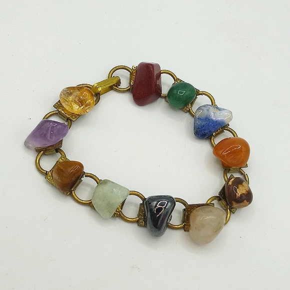 Polished Gemstone Rainbow Chakra Gold tone Link Bracelet 1970s Vintage - Picture 11 of 11